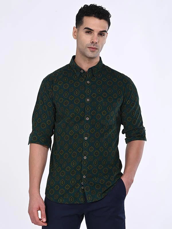 Indian Terrain Men's Regular Fit Full Sleeve Printed Green Shirt